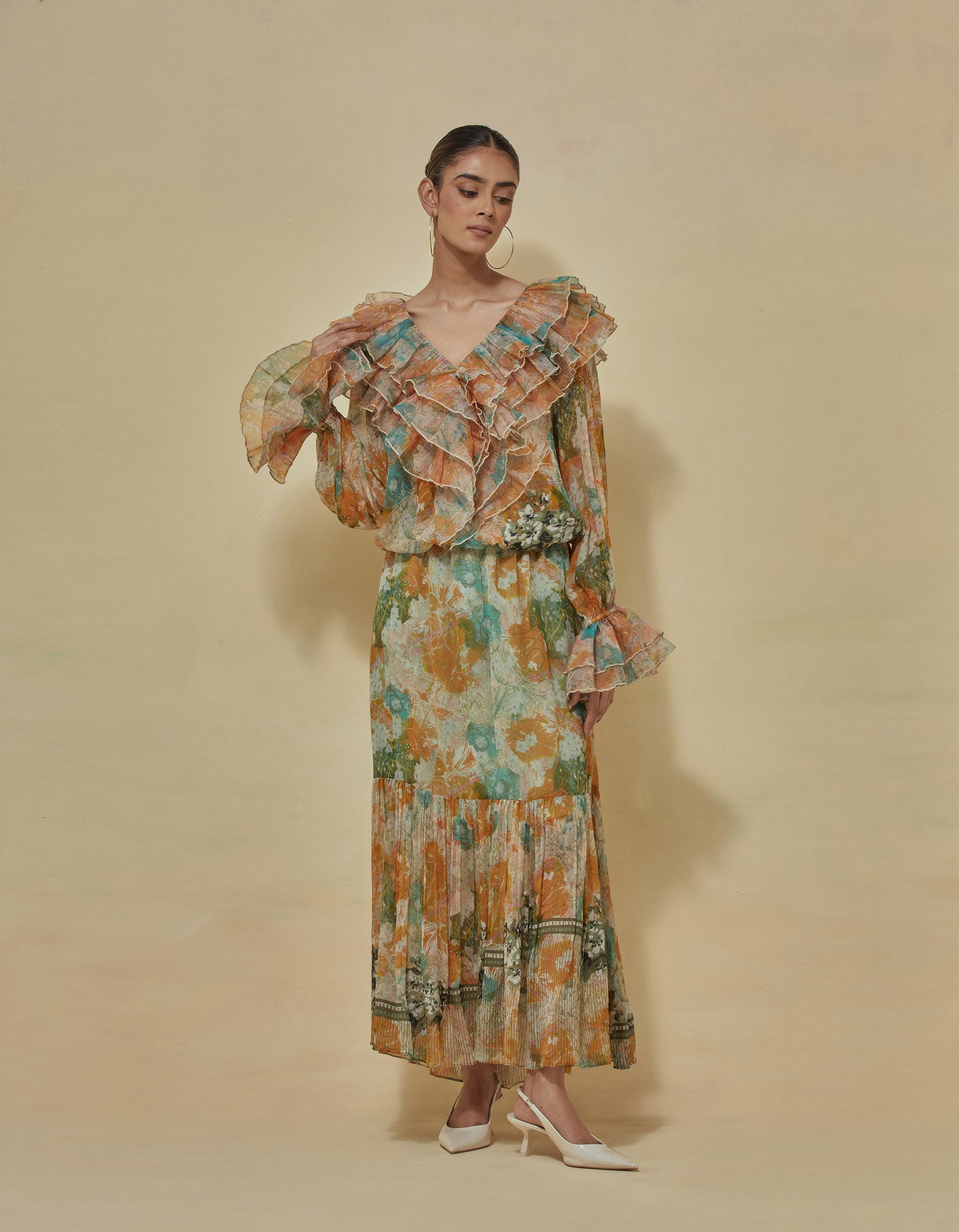 Organza printed ruffle top paired with printed tiered skirt