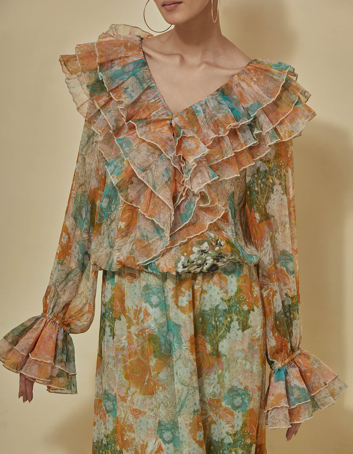 Organza printed ruffle top paired with printed tiered skirt