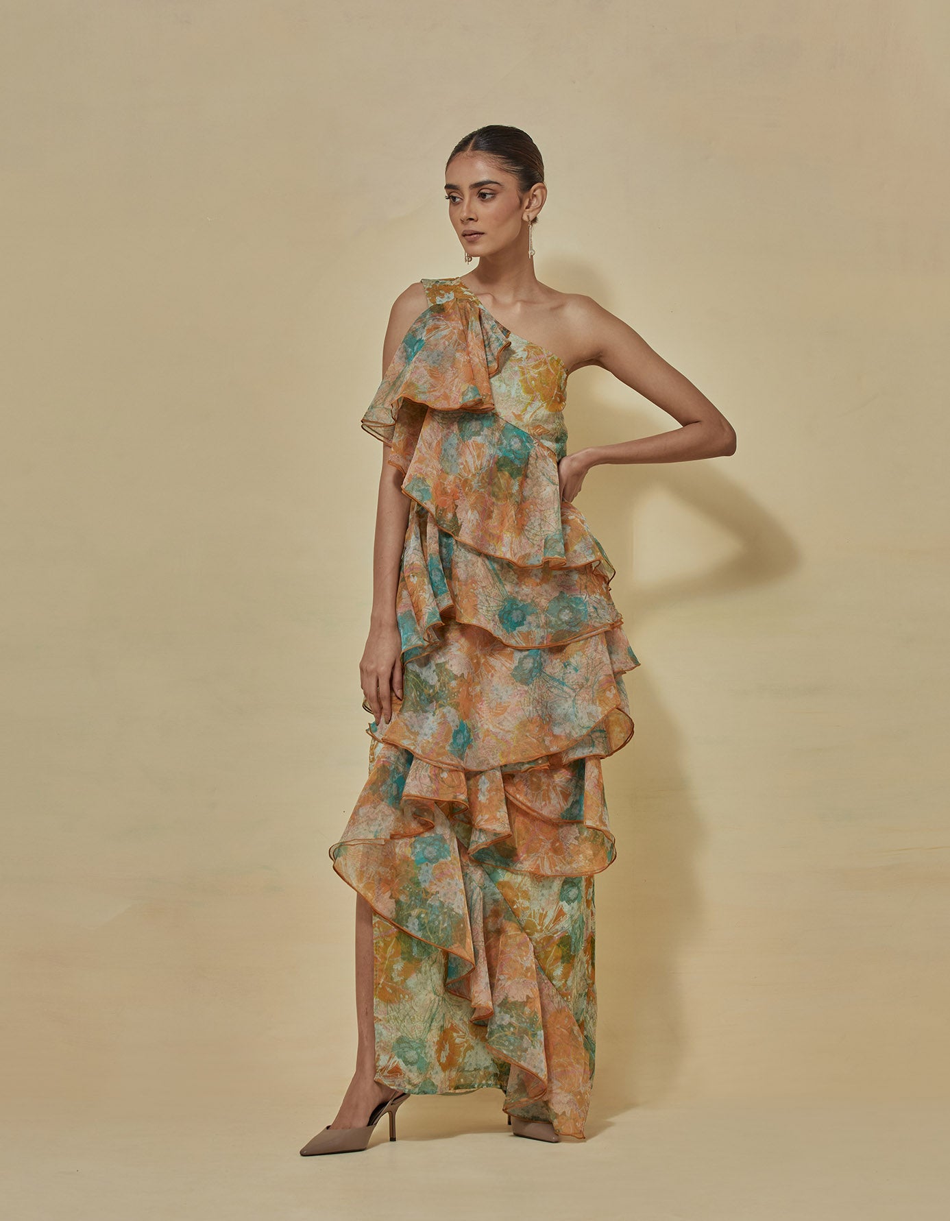 One shoulder tiered printed dress
