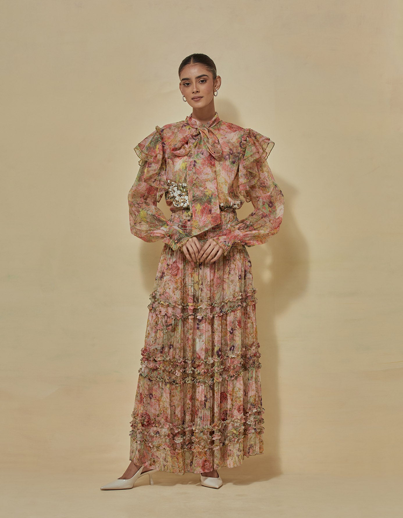 Organza printed shirt paired with chiffon tiered skirt with elastitcated waist band