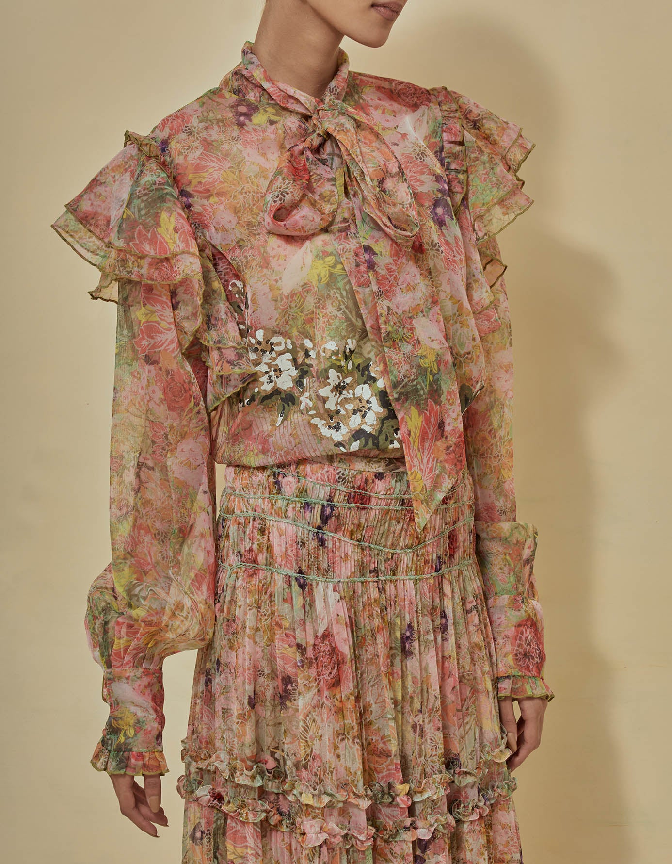 Organza printed shirt paired with chiffon tiered skirt with elastitcated waist band