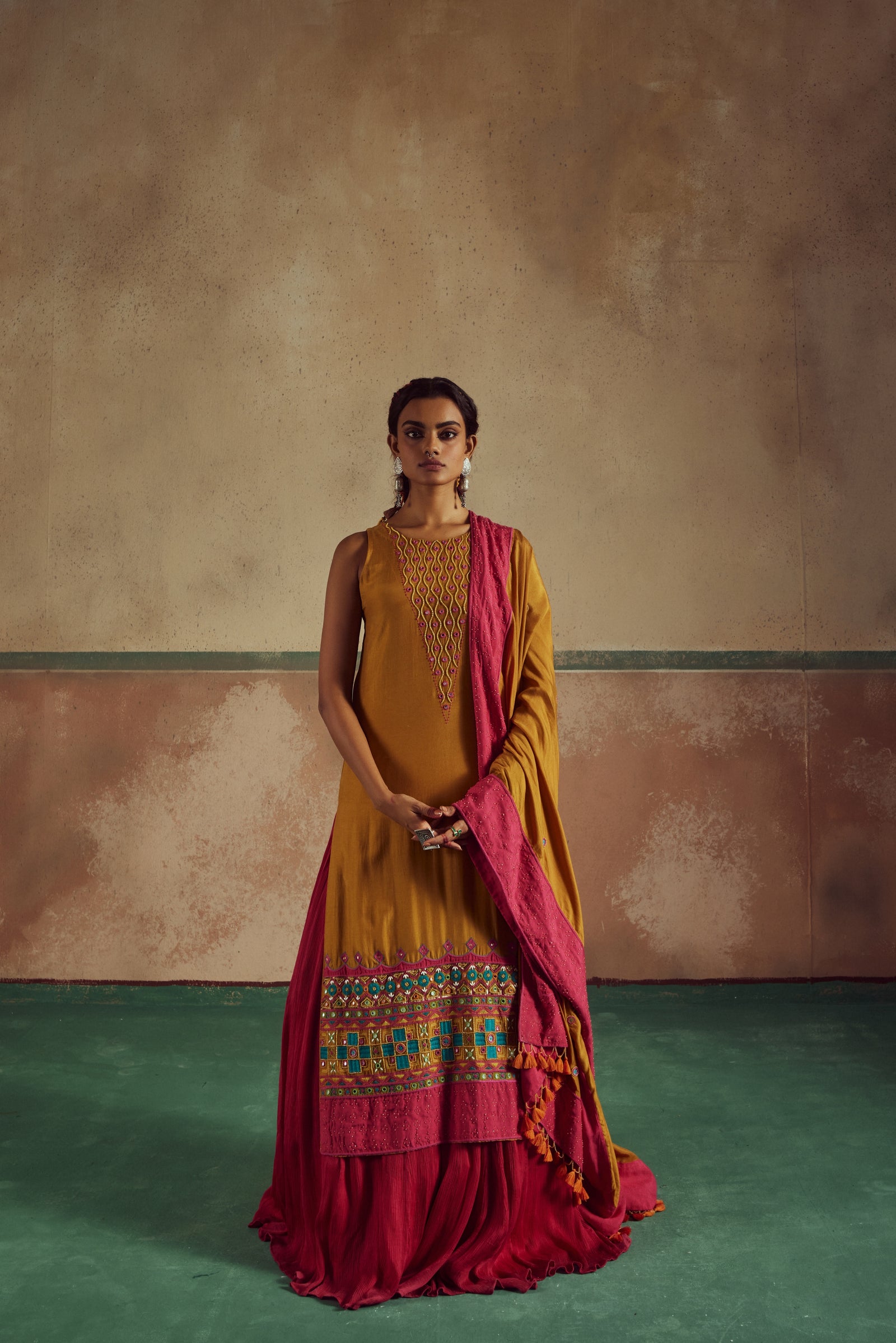 kesari mustard embroidered kurta setwith lehenga