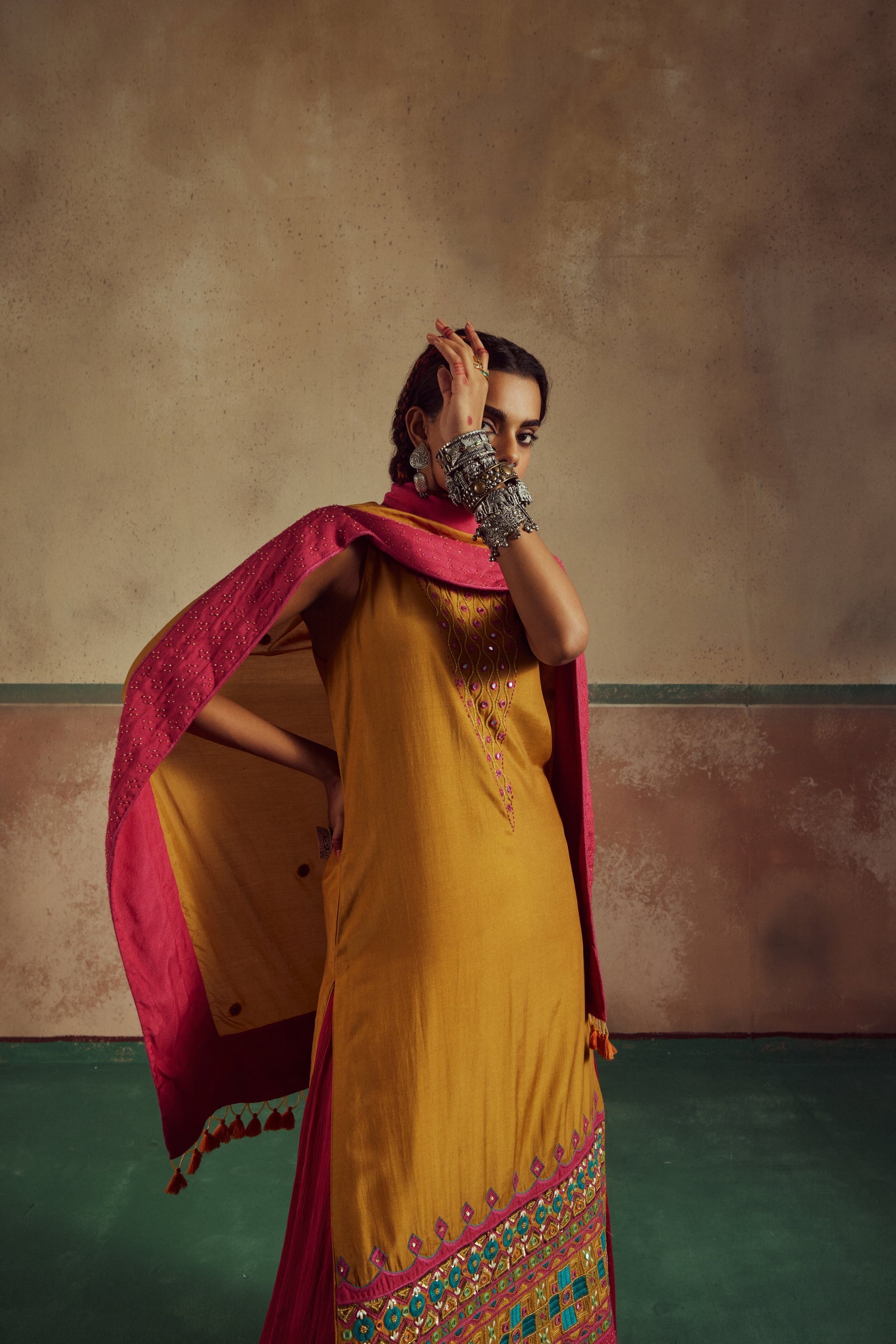 kesari mustard embroidered kurta setwith lehenga