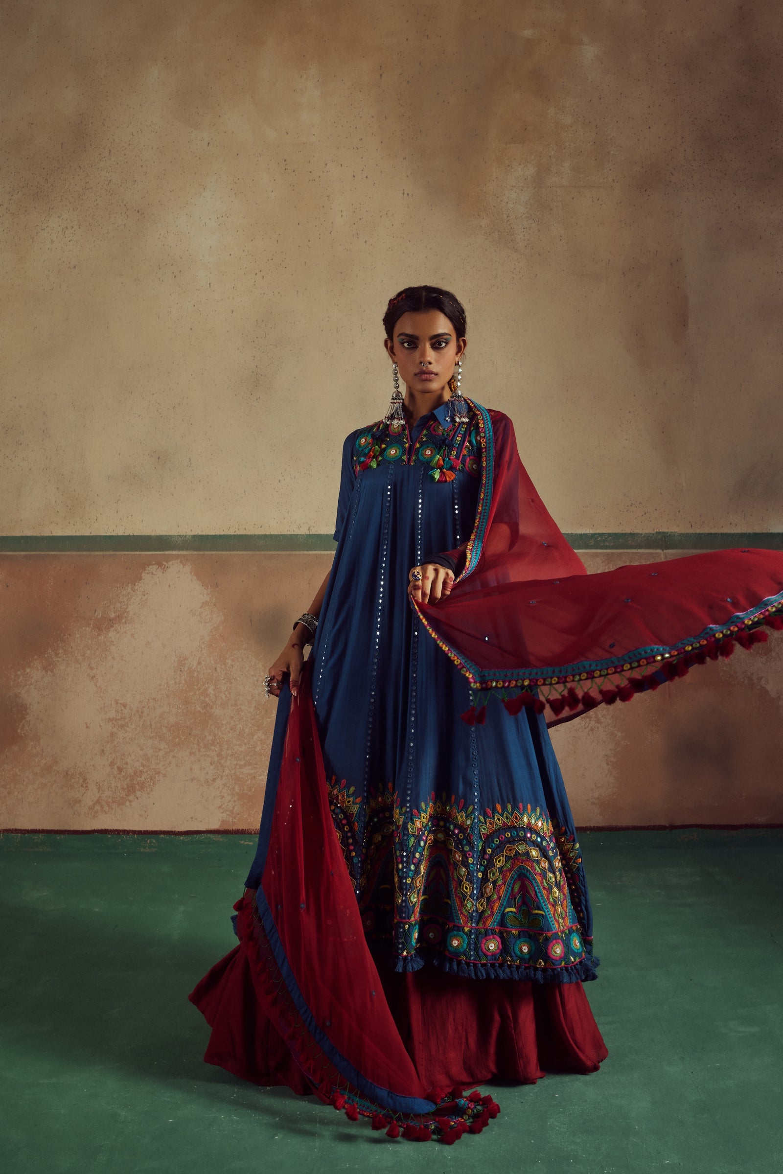 blue  short choli anarkali with lehenga set