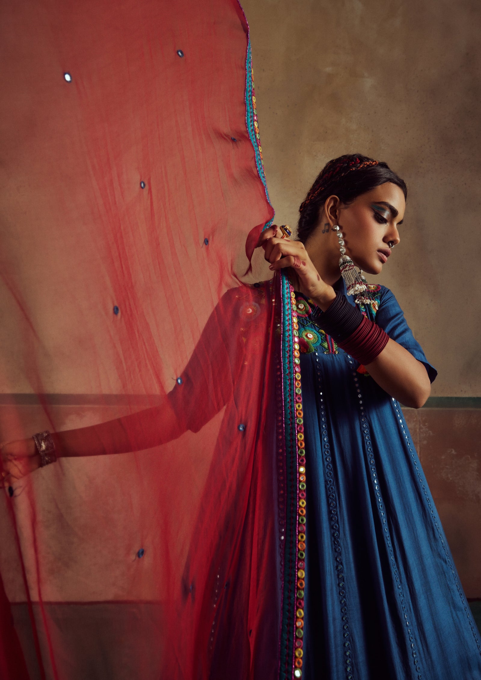 blue  short choli anarkali with lehenga set