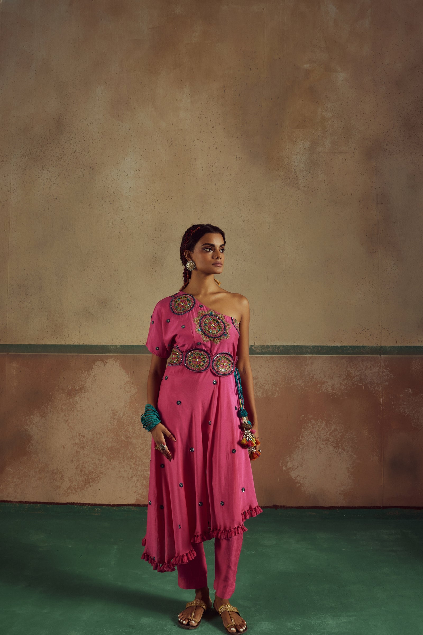 pink one shoulder kurta set