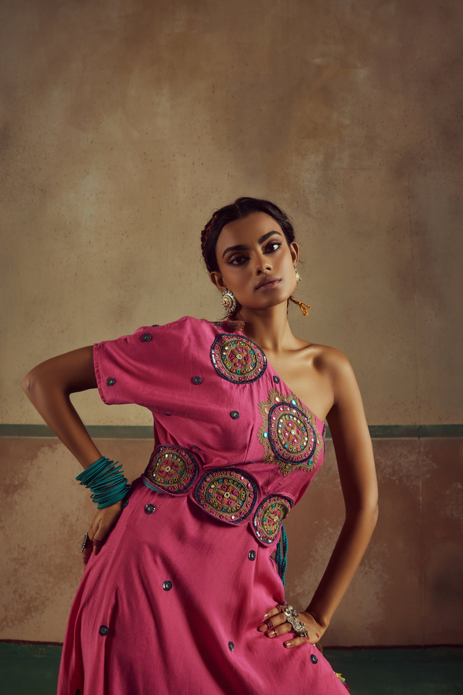 pink one shoulder kurta set