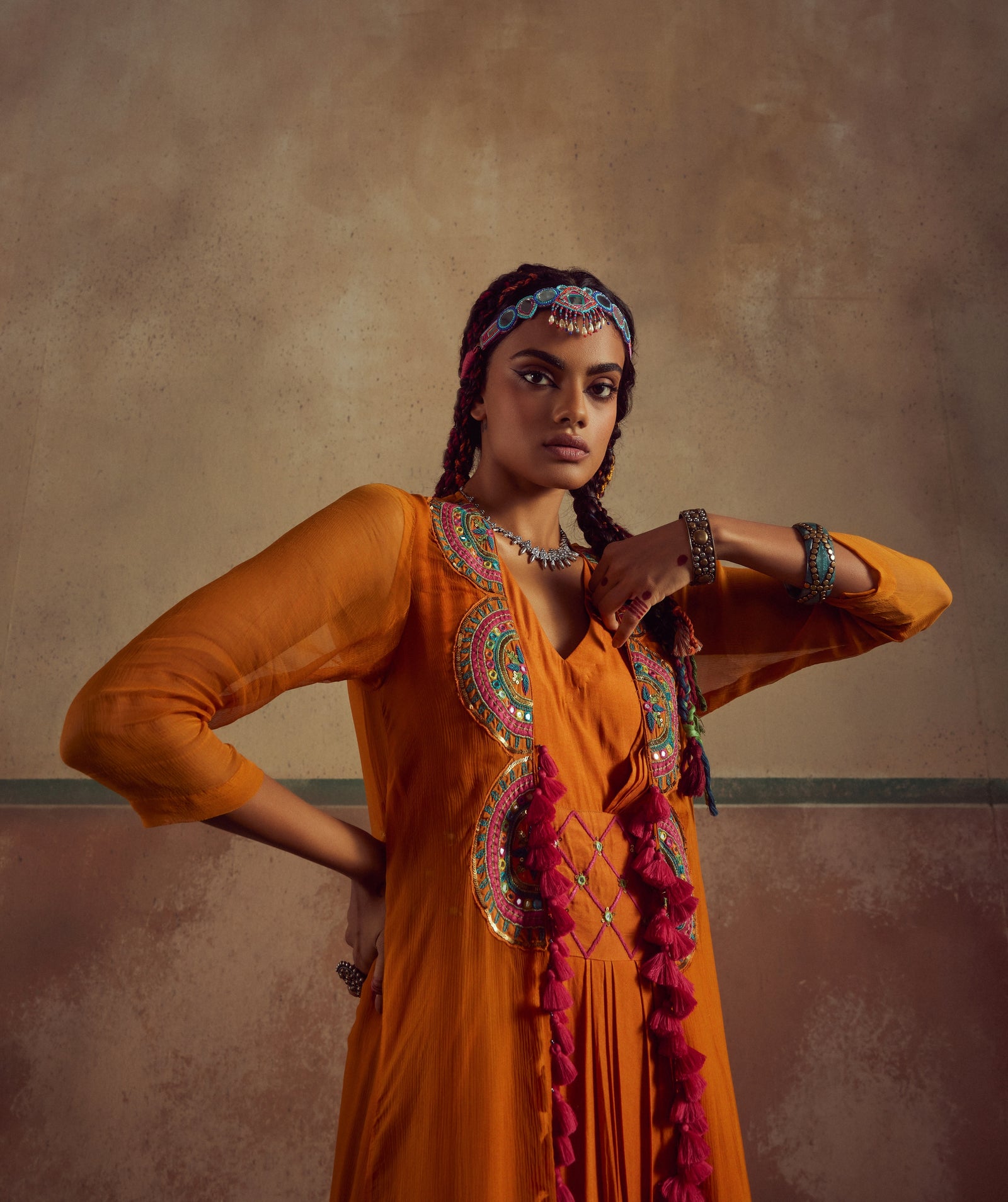 orange drape dress with cape