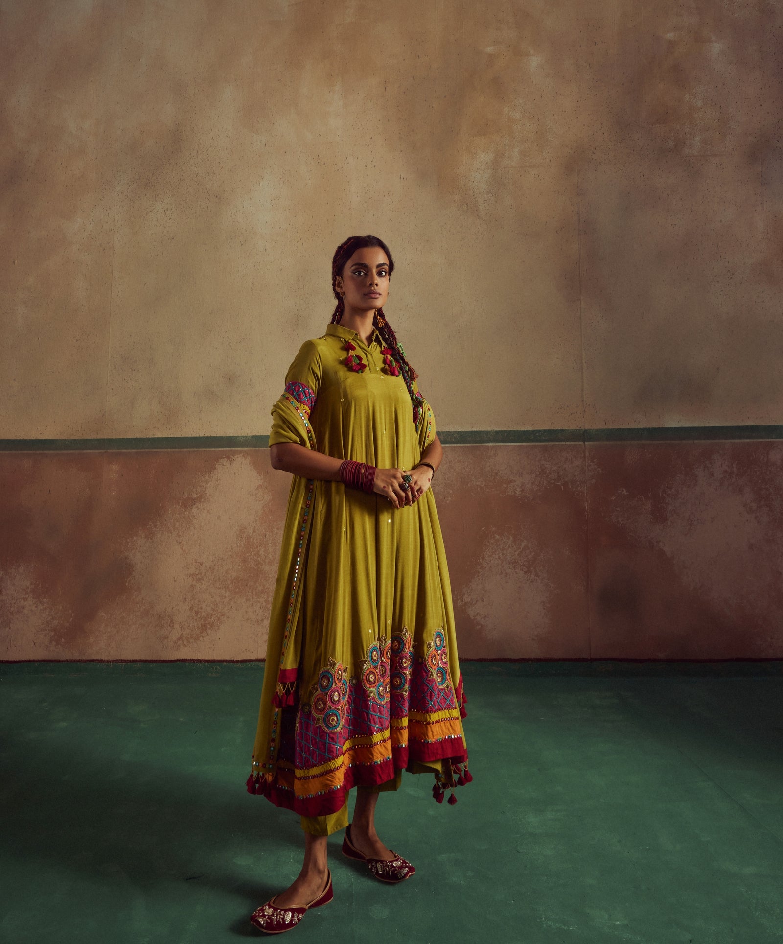 green short choli anarkali suit set