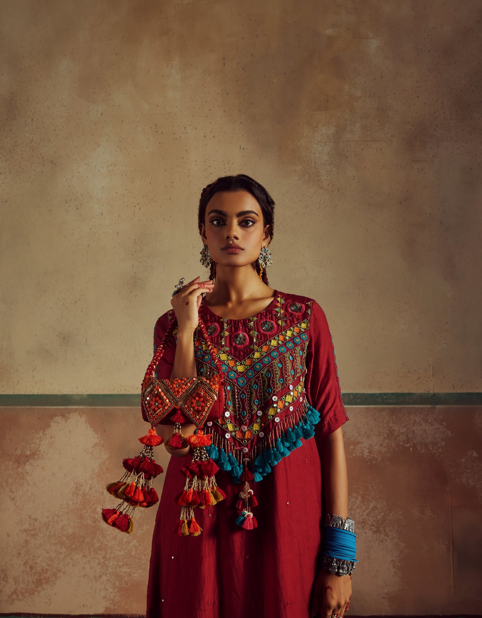 red choli embroidered kurta set