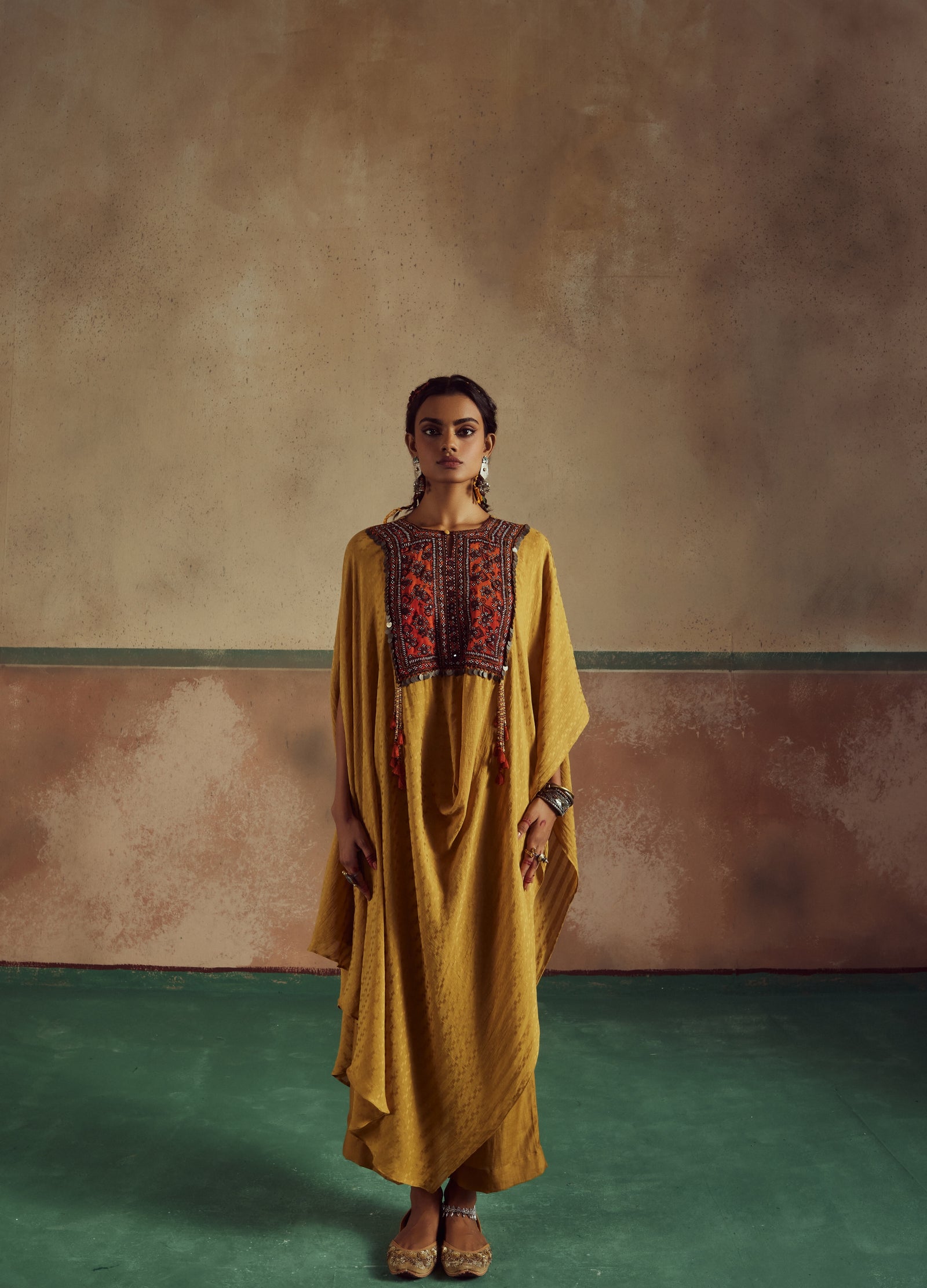 kesari mustard green ayssmetrical cowl cape set