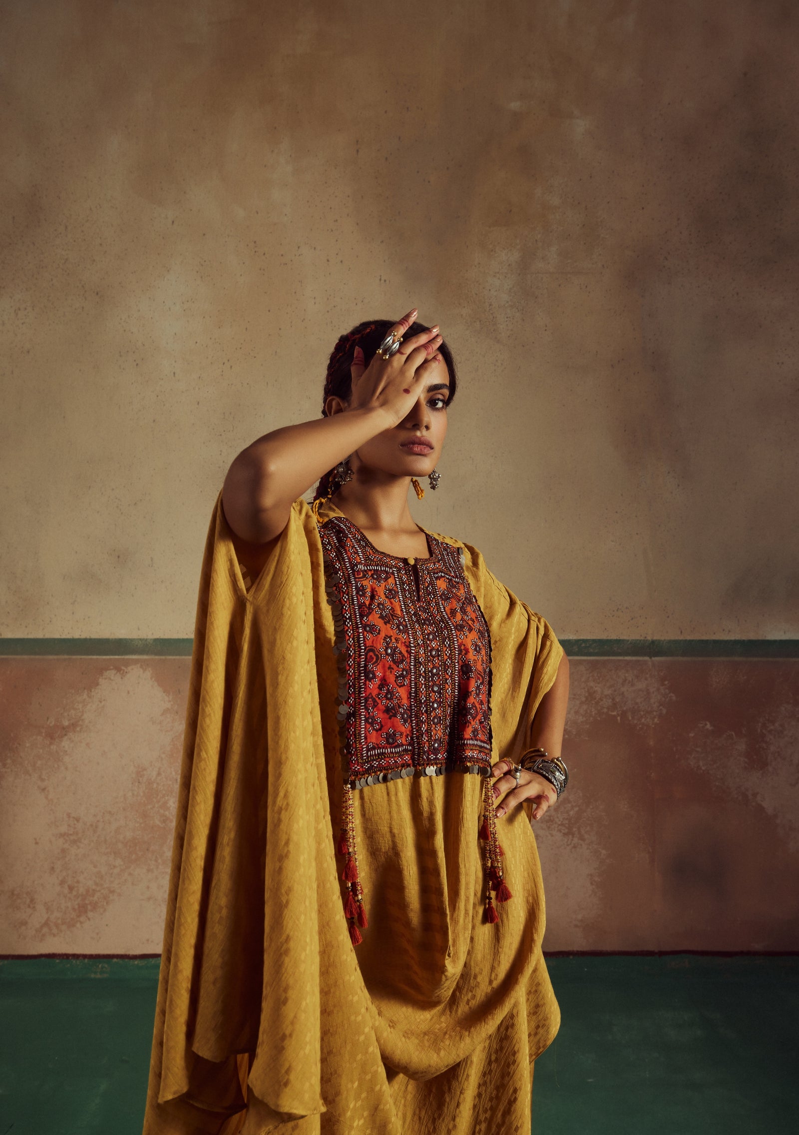 kesari mustard green ayssmetrical cowl cape set