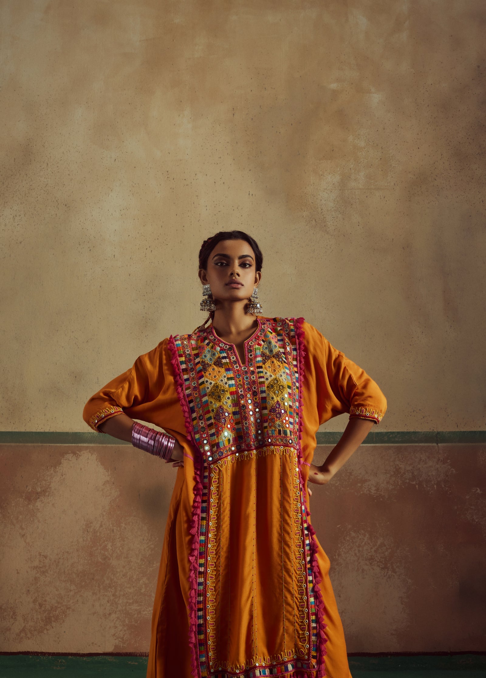 orange patch work jhola kurta set