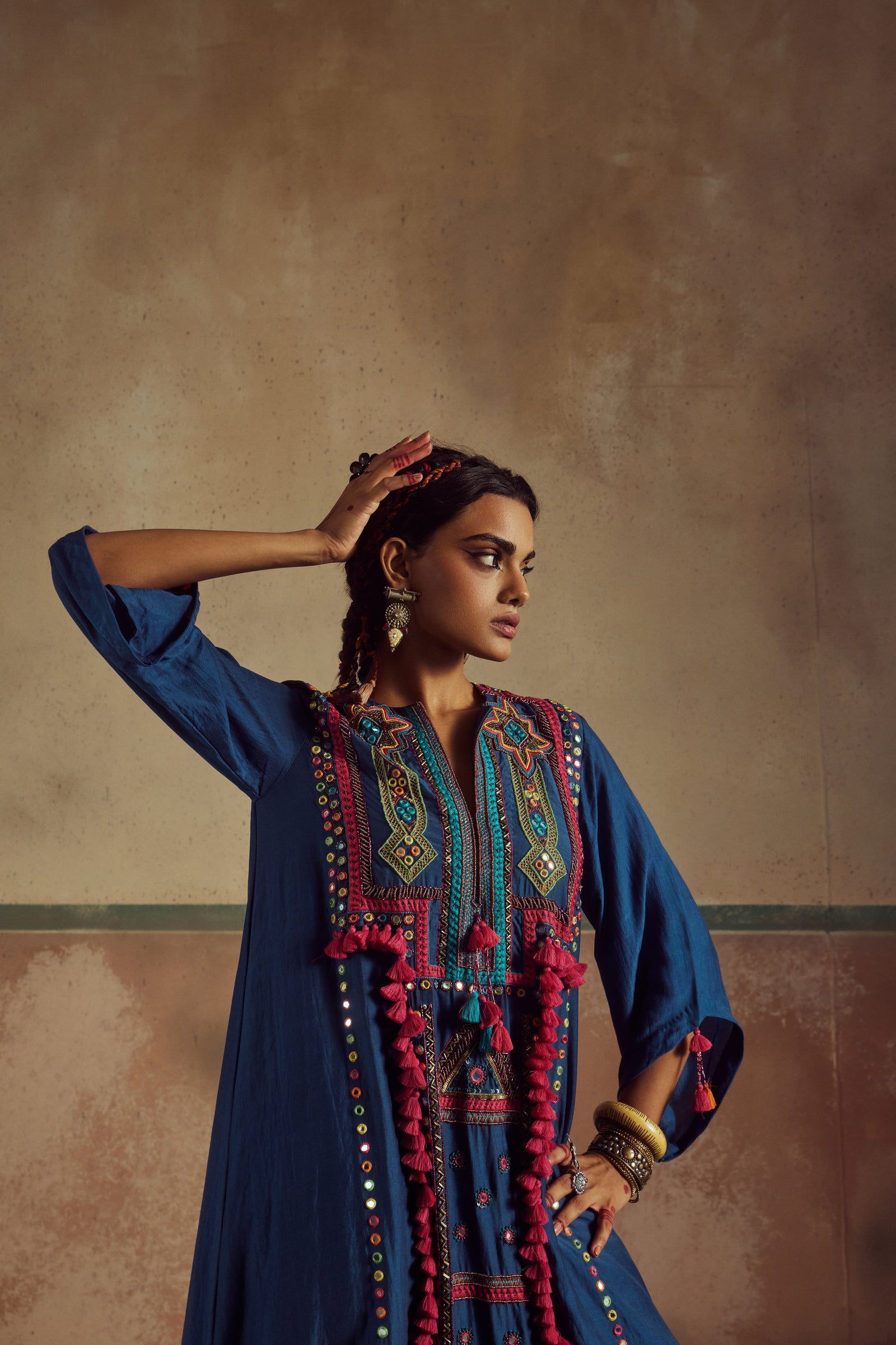 blue embroidered jhola kurta set