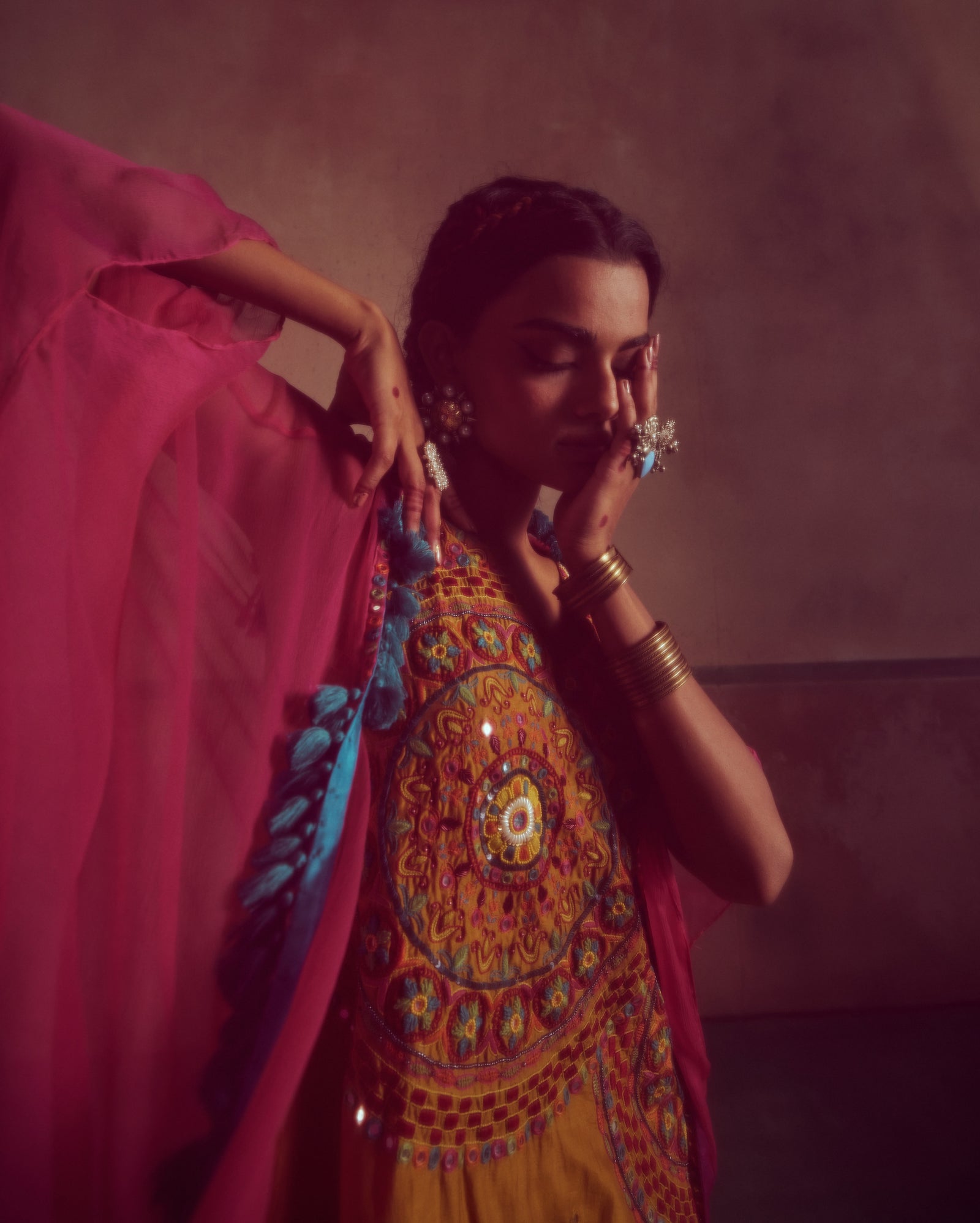 kesari mustard mandala embroidered kurta set with cape