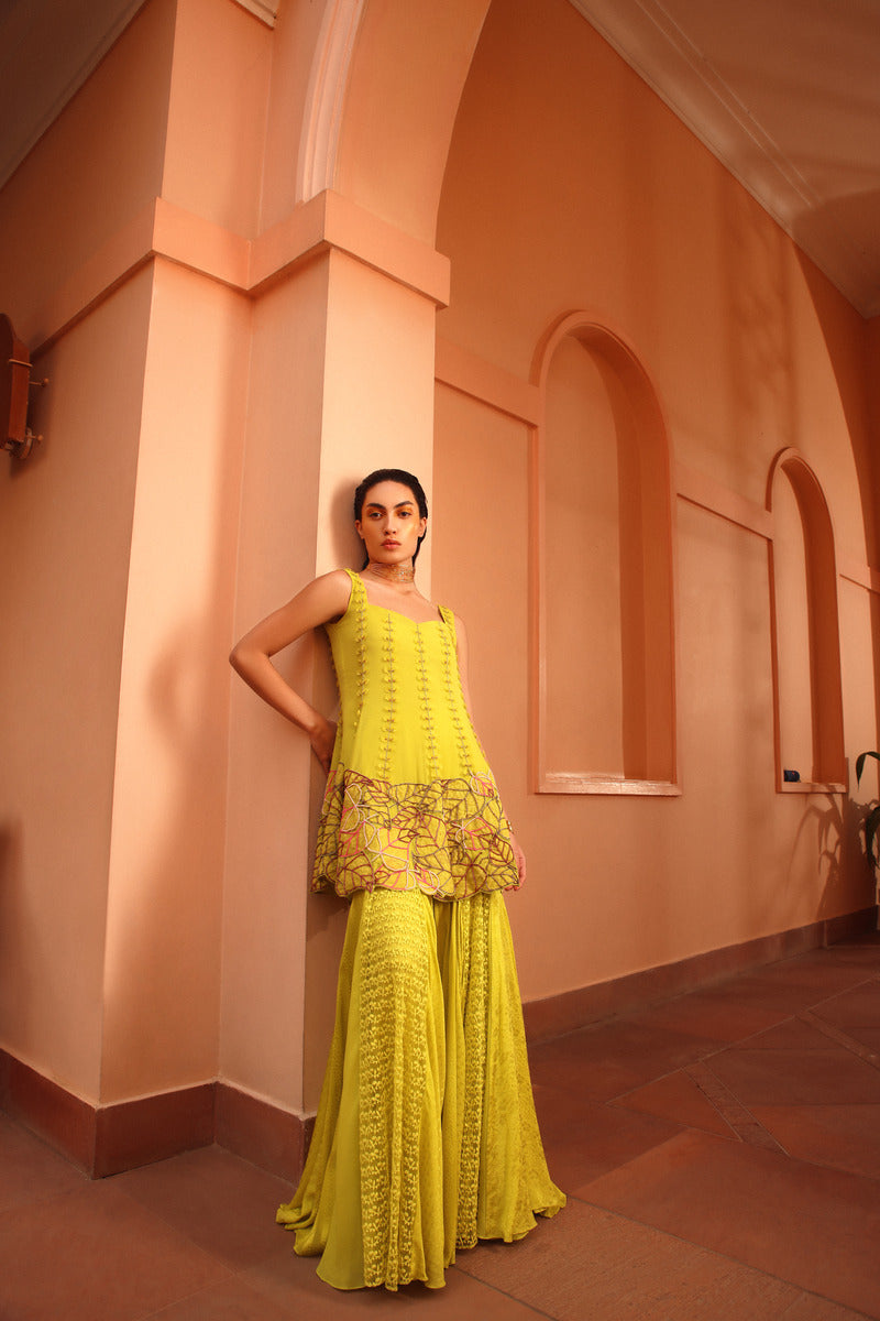 Sharara and Tunic Set in The Pop Color Of Chartreuse Green