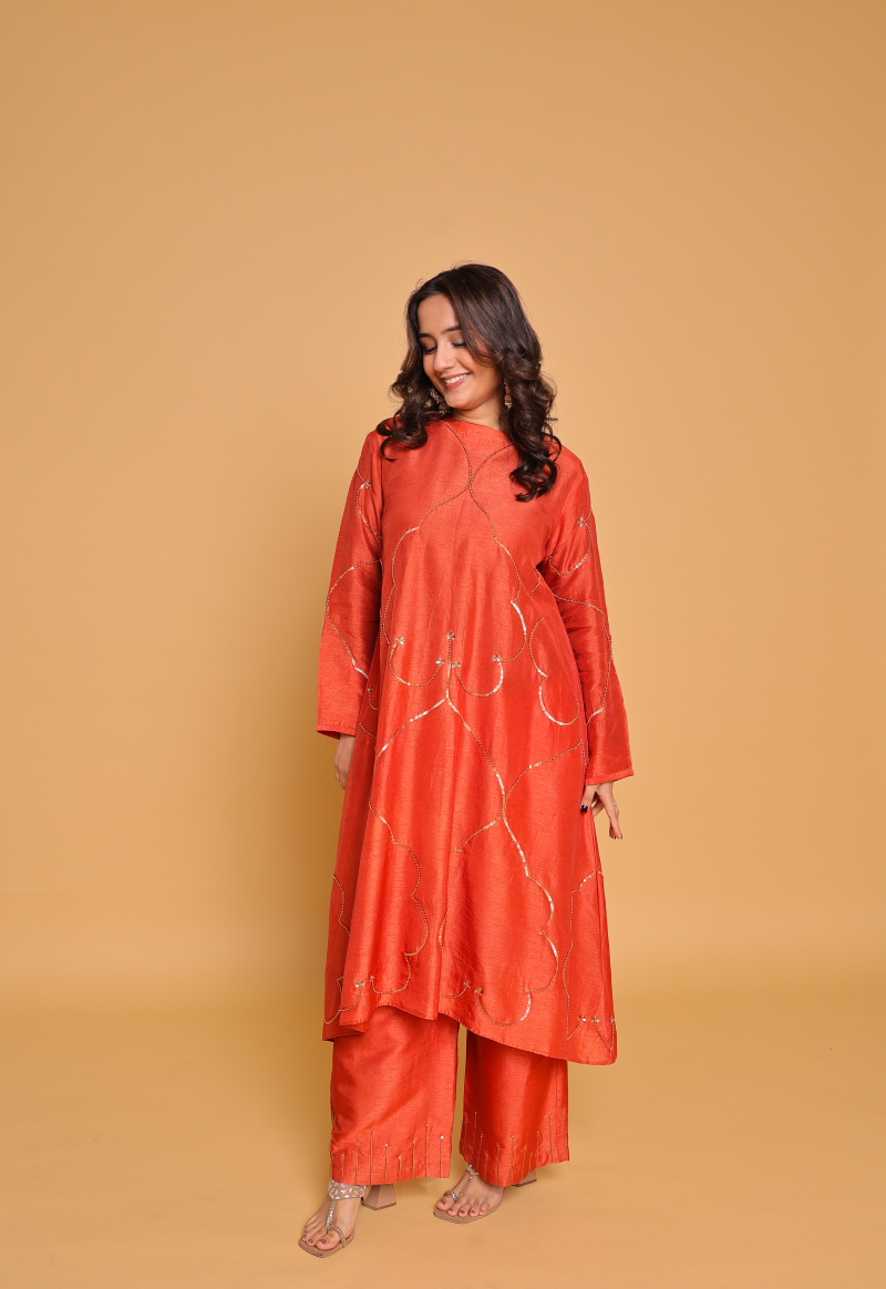 Orange Cord Set With Hand Embroidery Is Perfect For Any Occasion
