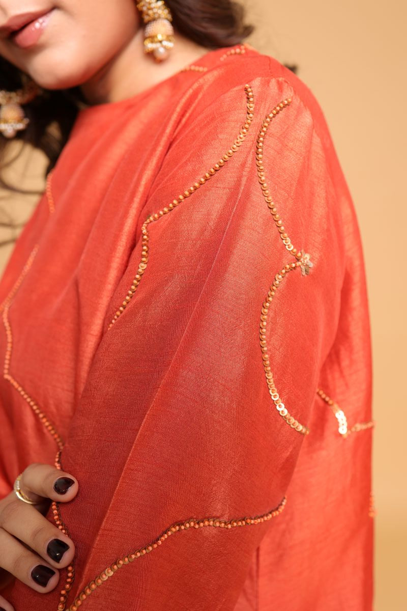Orange Cord Set With Hand Embroidery Is Perfect For Any Occasion
