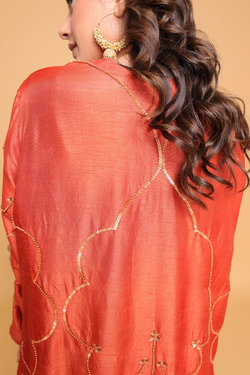 Orange Cord Set With Hand Embroidery Is Perfect For Any Occasion