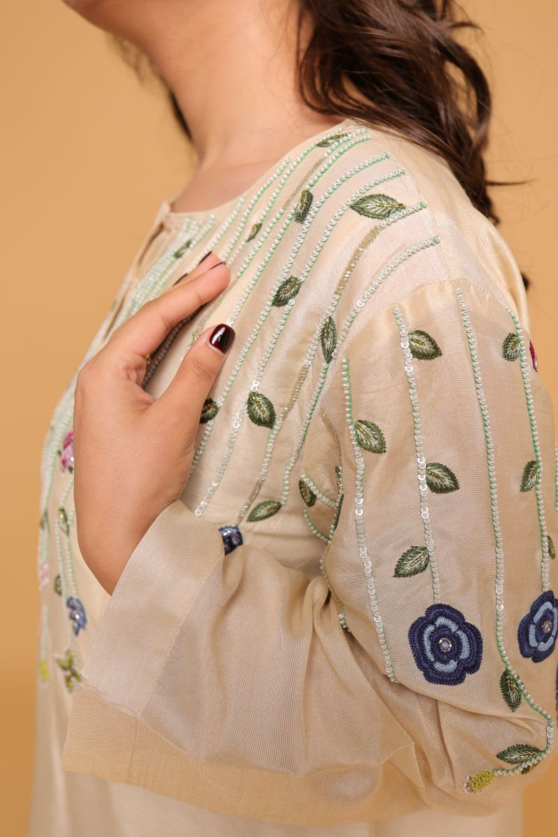 Bej Cord Set With Hand Embroidery