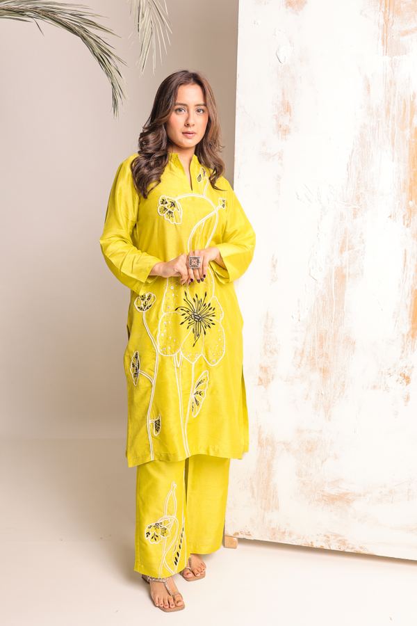 Neon Green Cord Set Features Intricate Hand Embroidery