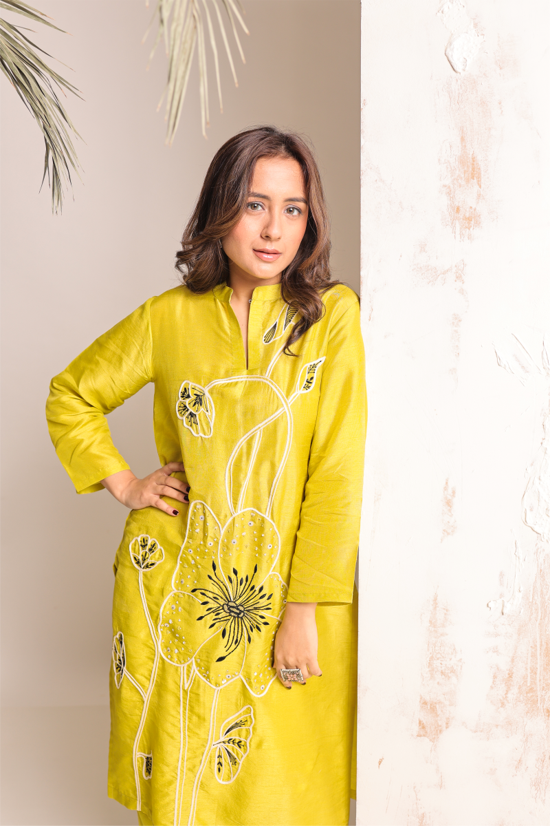 Neon Green Cord Set Features Intricate Hand Embroidery