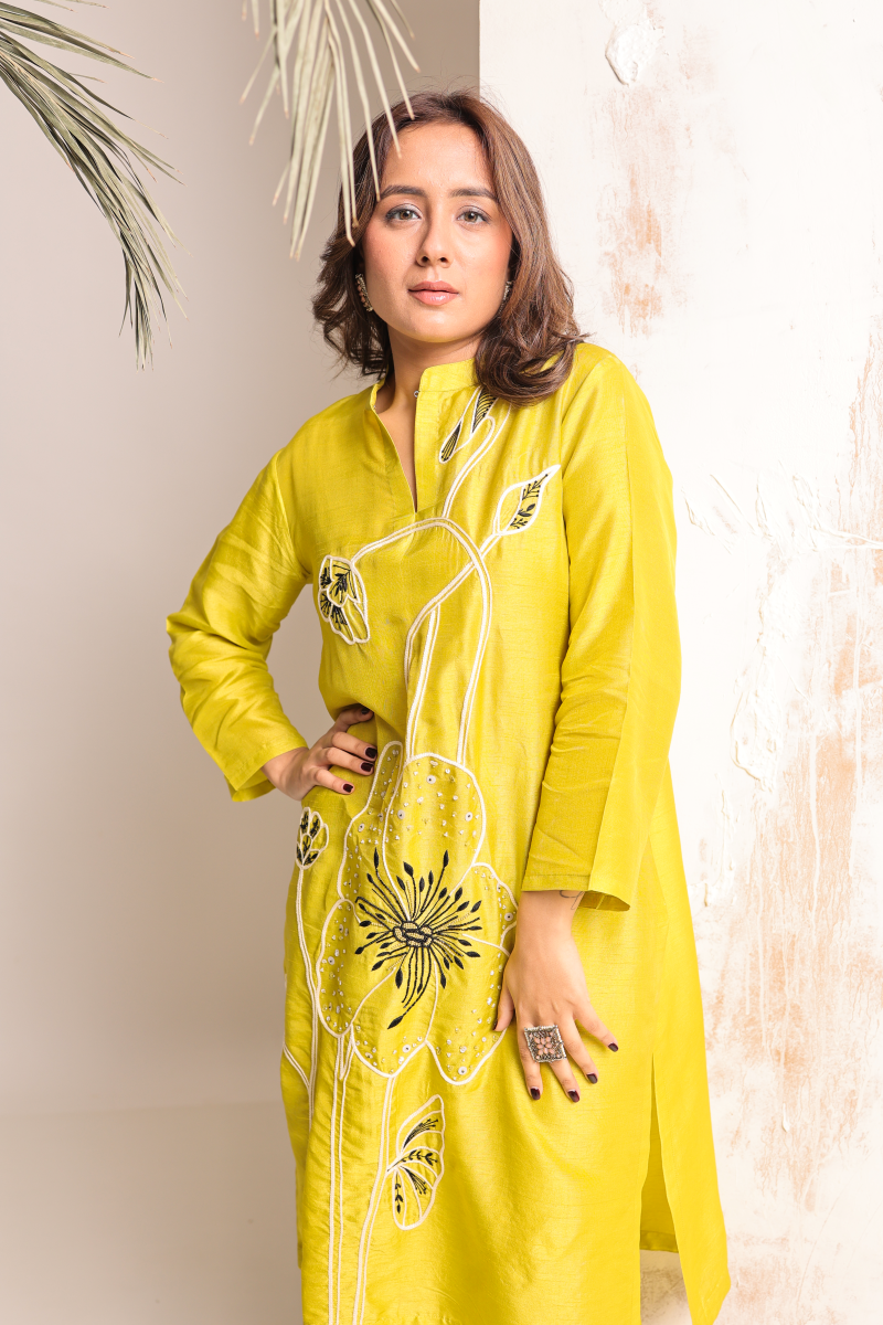 Neon Green Cord Set Features Intricate Hand Embroidery