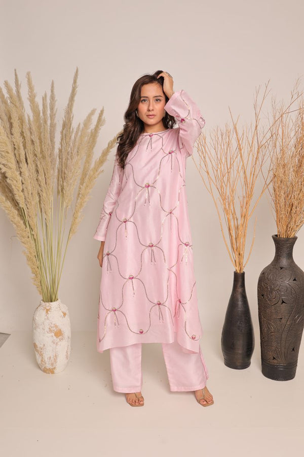 Pink Cord Set With Hand Embroidery