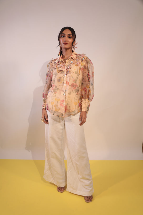 beige floral organza shirt