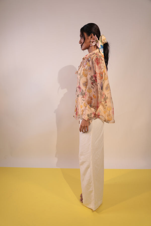 beige floral organza shirt