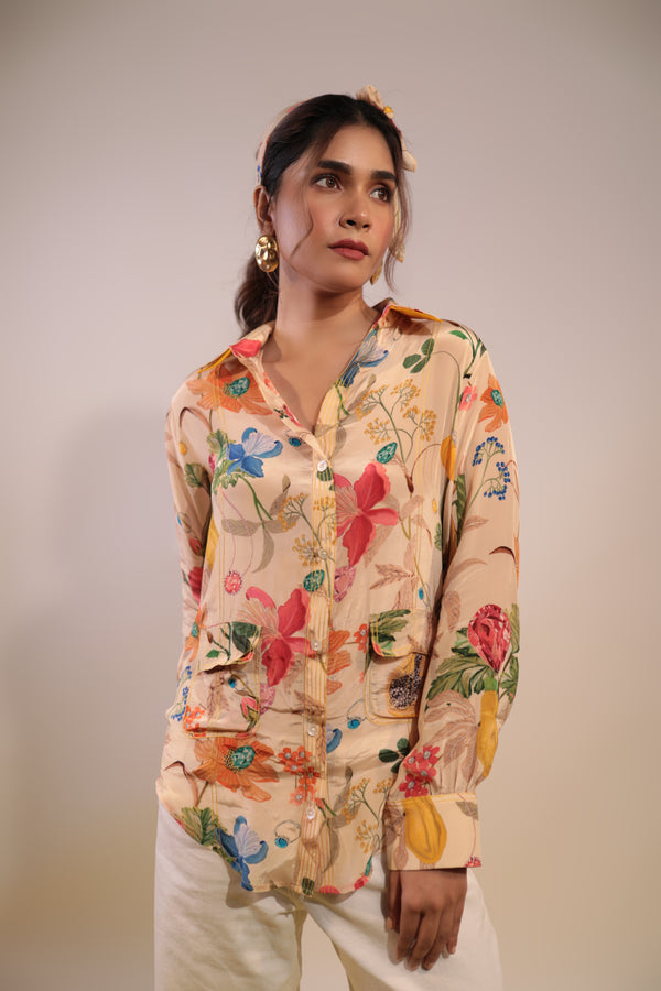 beige floral crepe shirt