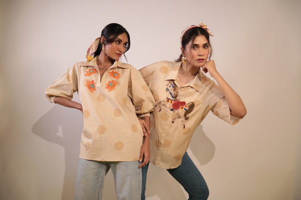 beige polka hourse shirt