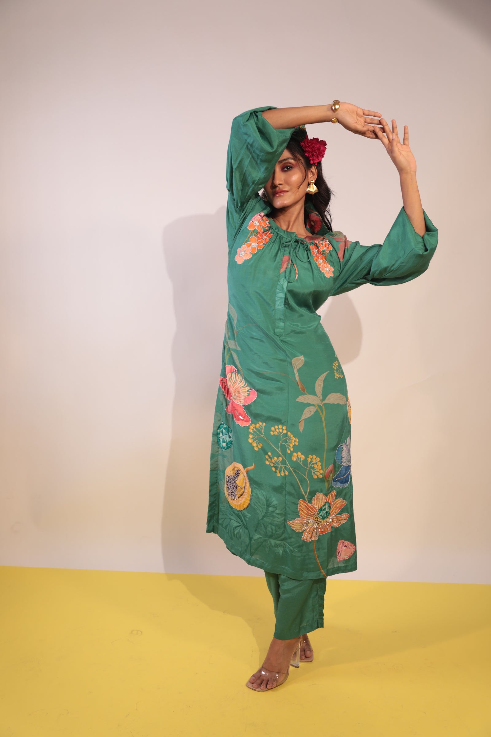 green floral placement kurti