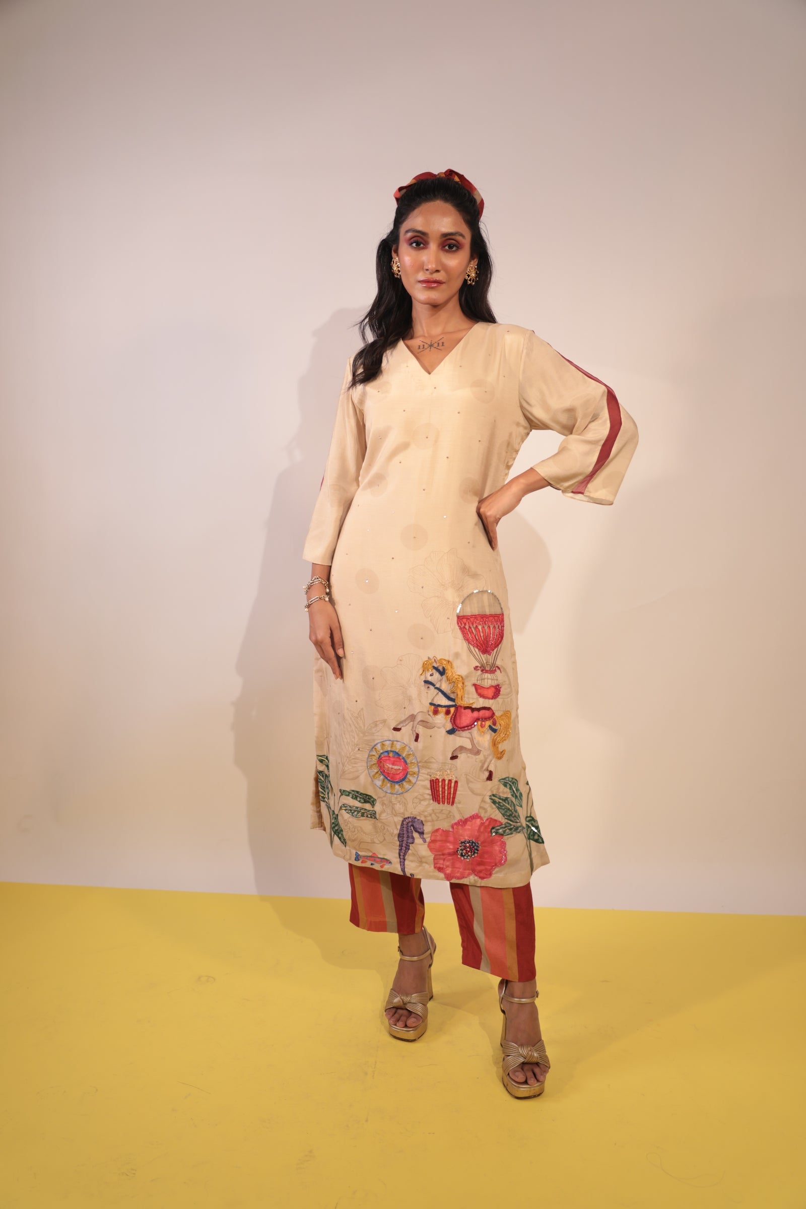 polka carnival beige kurti