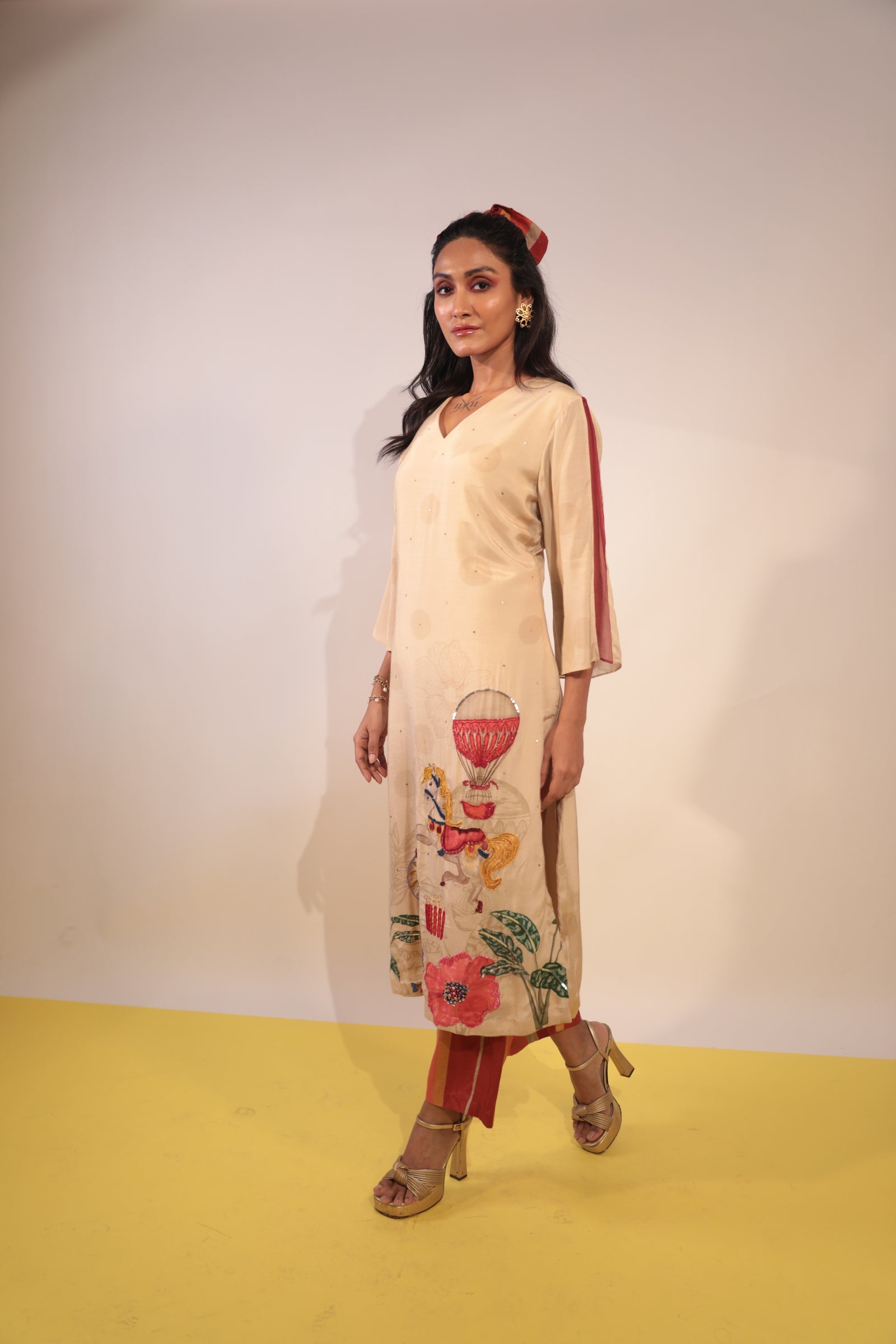 polka carnival beige kurti