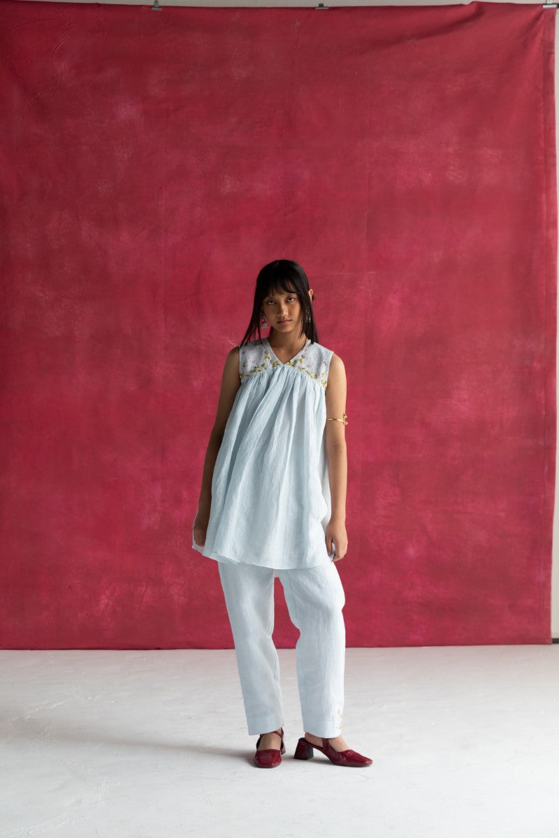 Pastel Blue Sleeveless Gathered Top