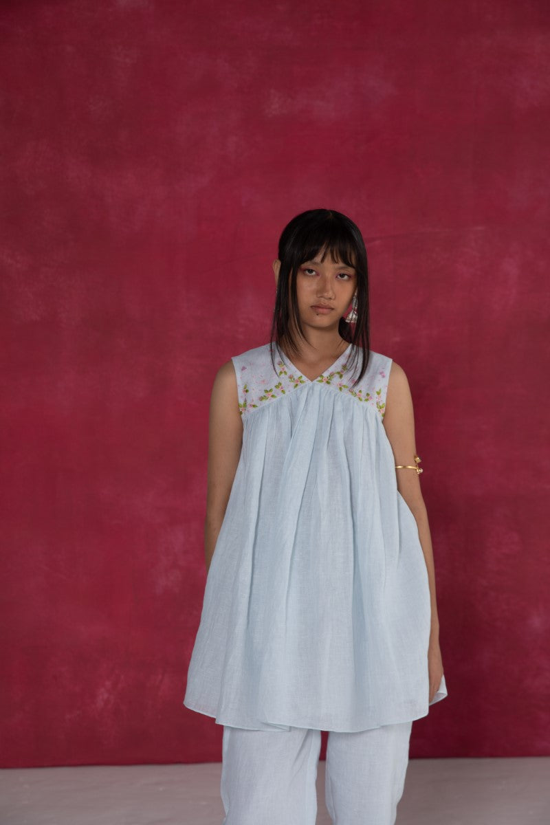 Pastel Blue Sleeveless Gathered Top