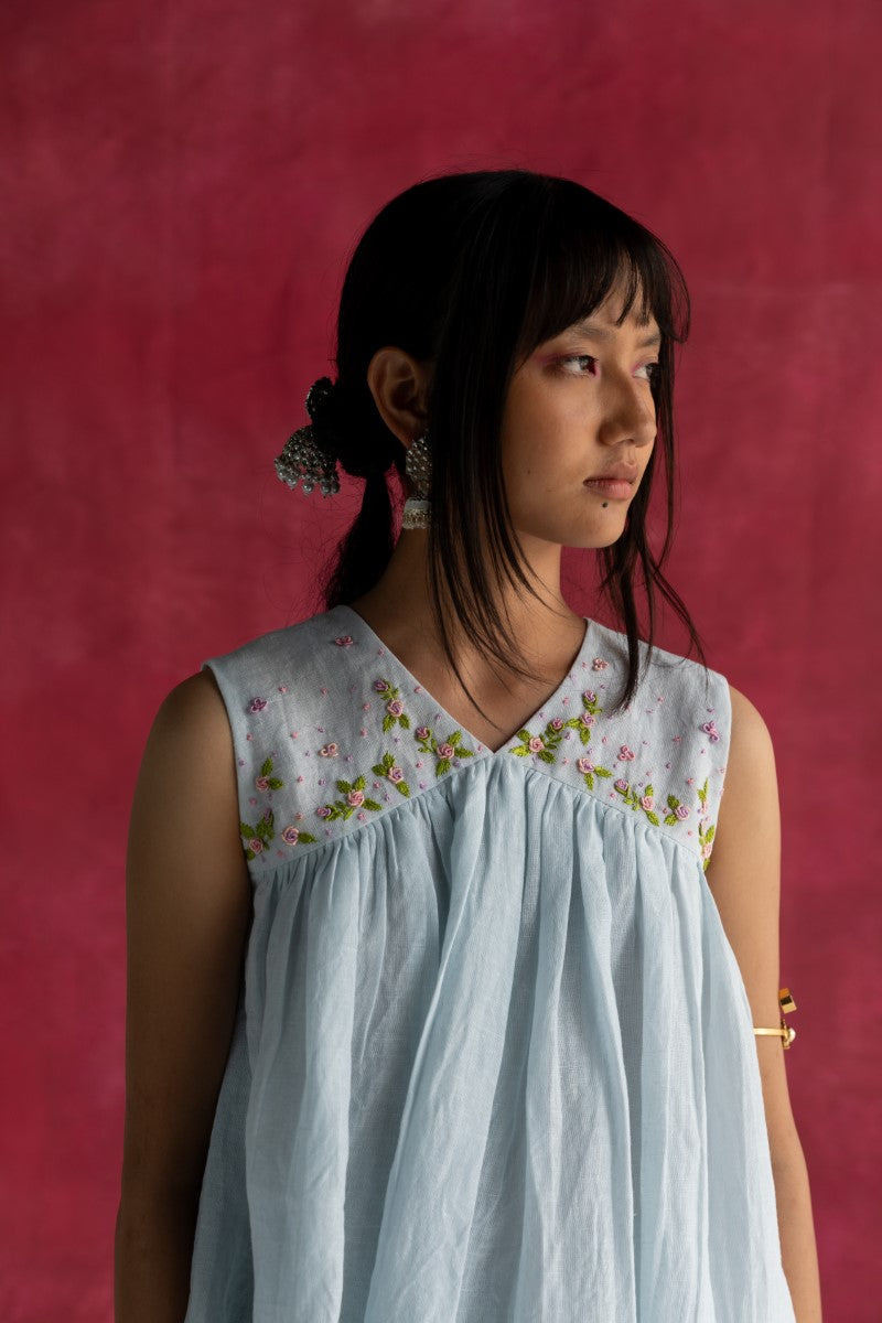 Pastel Blue Sleeveless Gathered Top