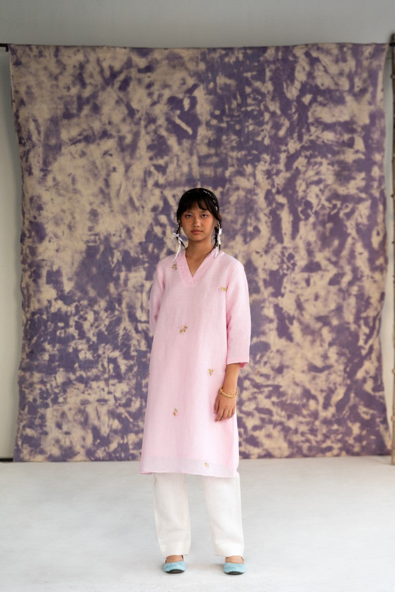 Pastel Pink Linen Fabric Kurta Set