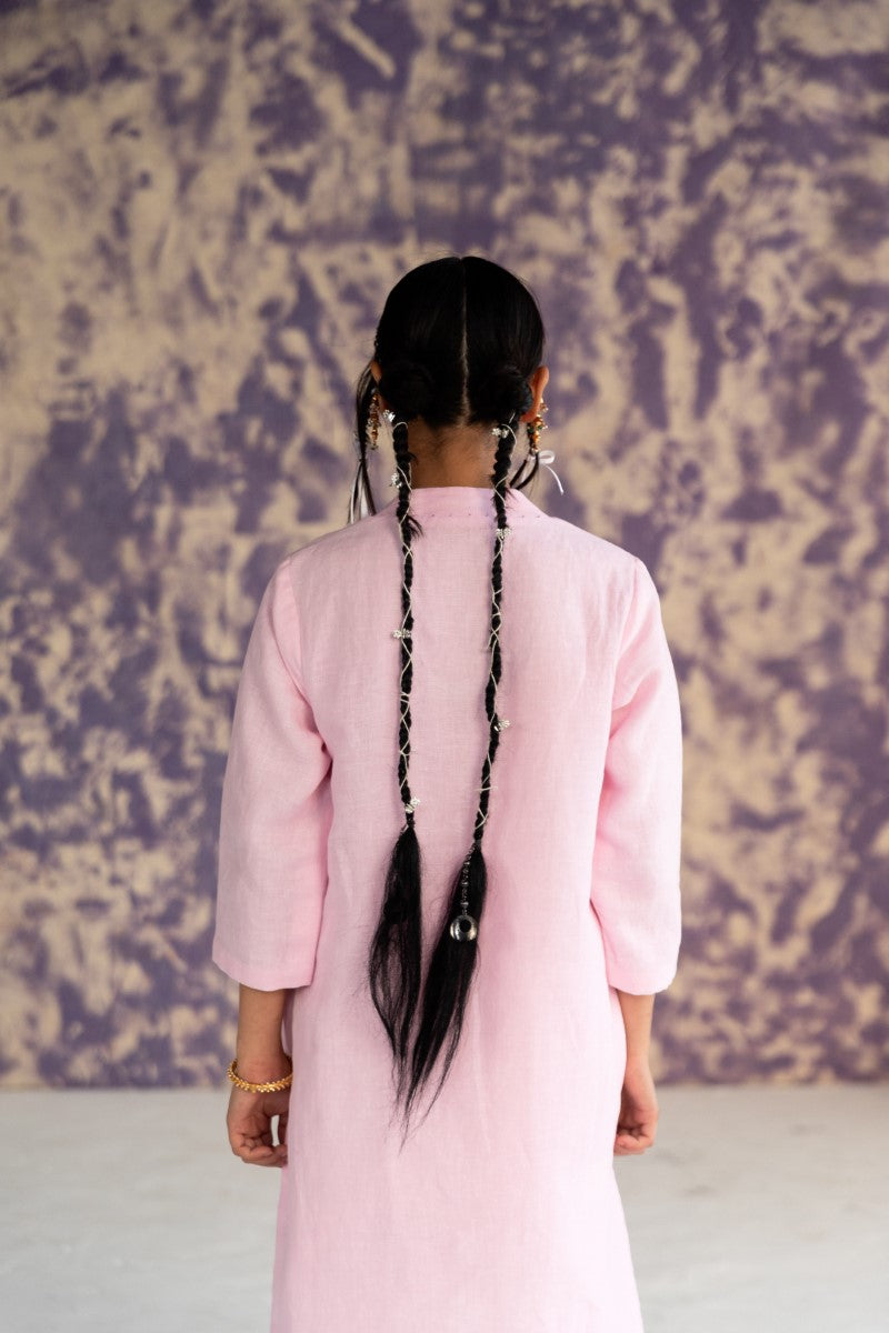 Pastel Pink Linen Fabric Kurta Set