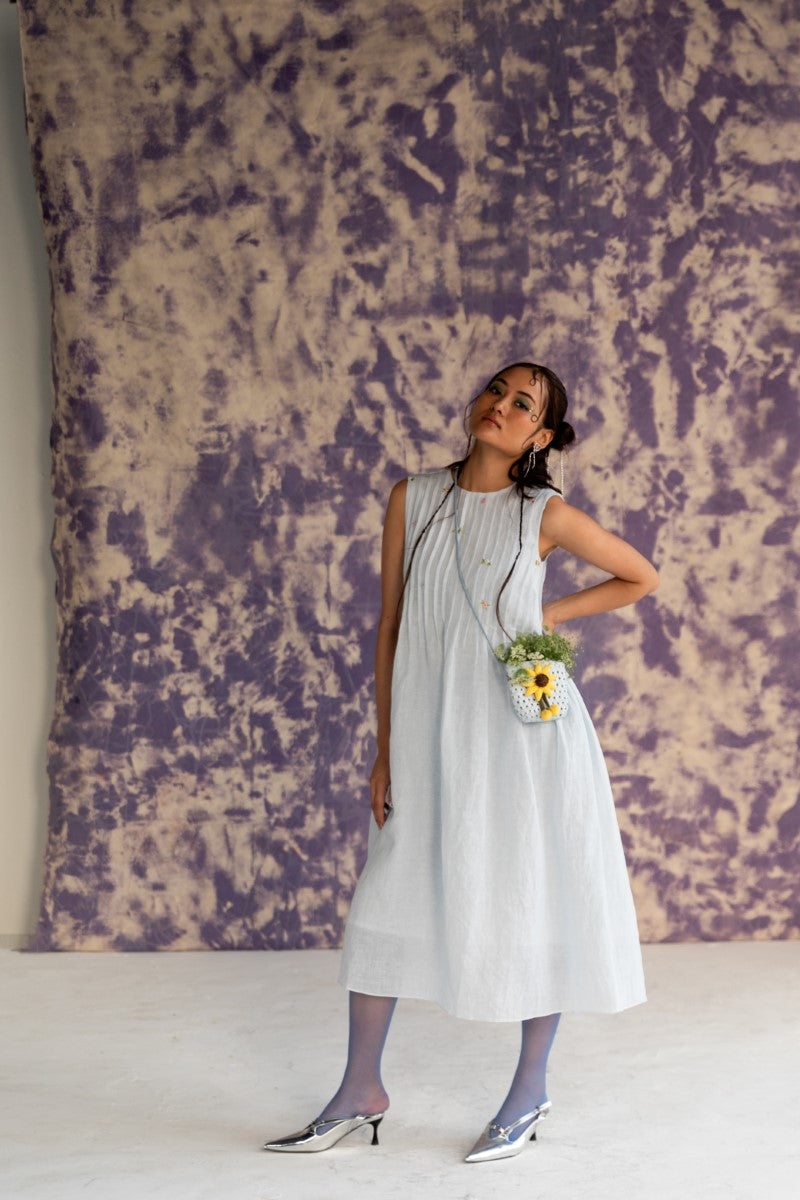 Pastel Blue Calf-Length Sleeveless Dress