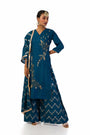 Dark blue suit set with hand embroidered and hand print kurta fully lined.