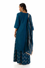 Dark blue suit set with hand embroidered and hand print kurta fully lined.