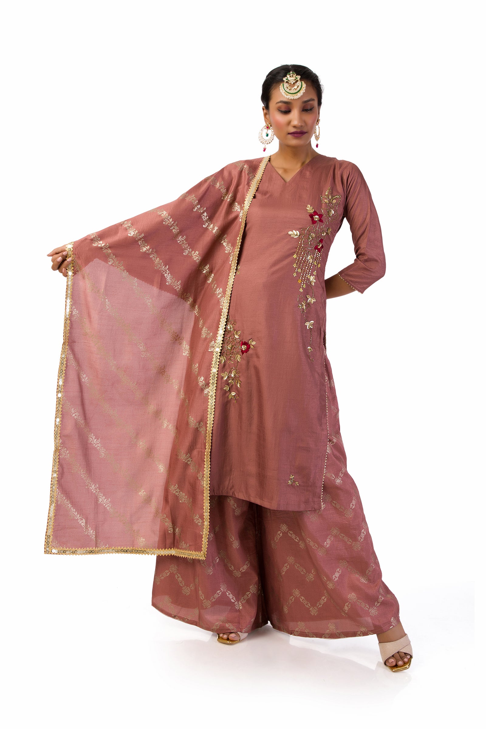 Mauve suit set with hand embroidered and hand  print kurta fully lined.