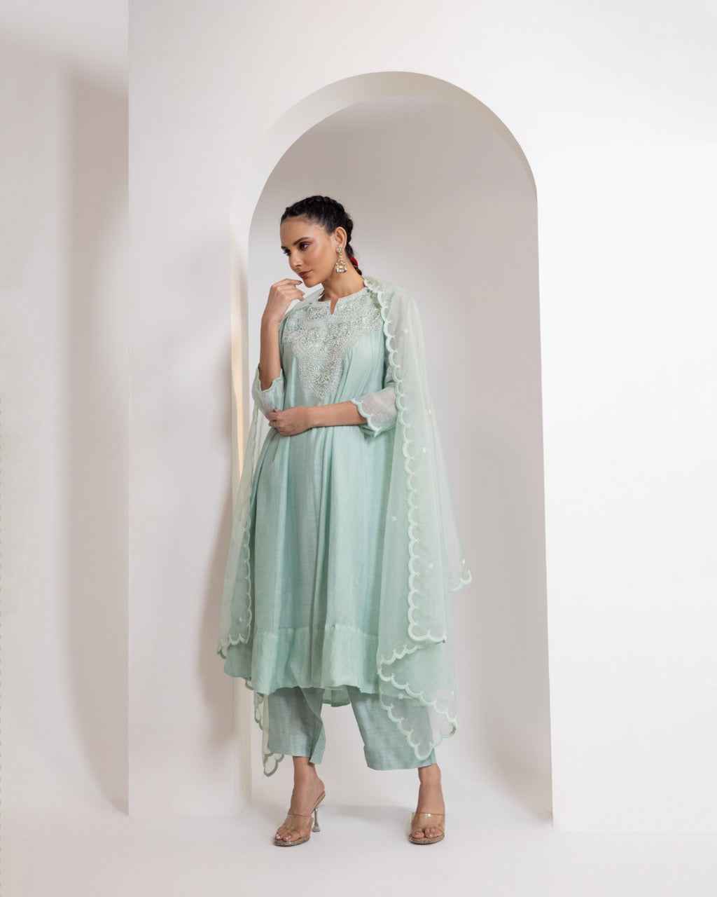 Chanderi Flared Kurta With Very Intricate Pearl Hand Embroidery