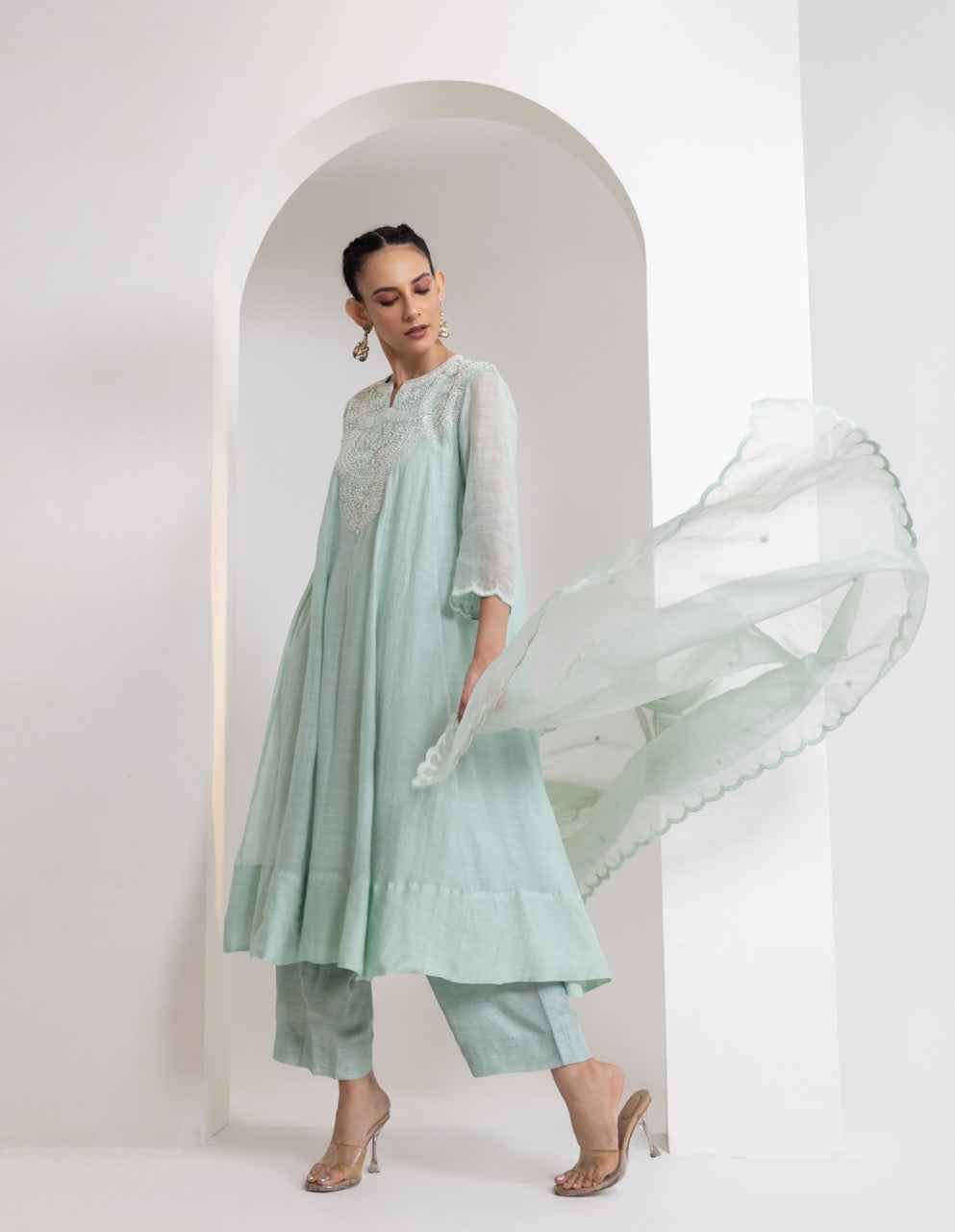 Chanderi Flared Kurta With Very Intricate Pearl Hand Embroidery