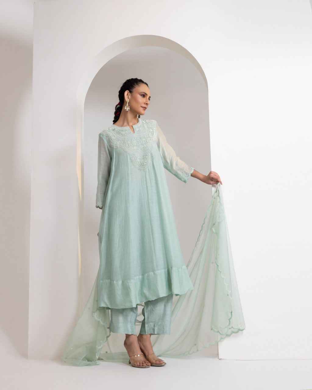 Chanderi Flared Kurta With Very Intricate Pearl Hand Embroidery