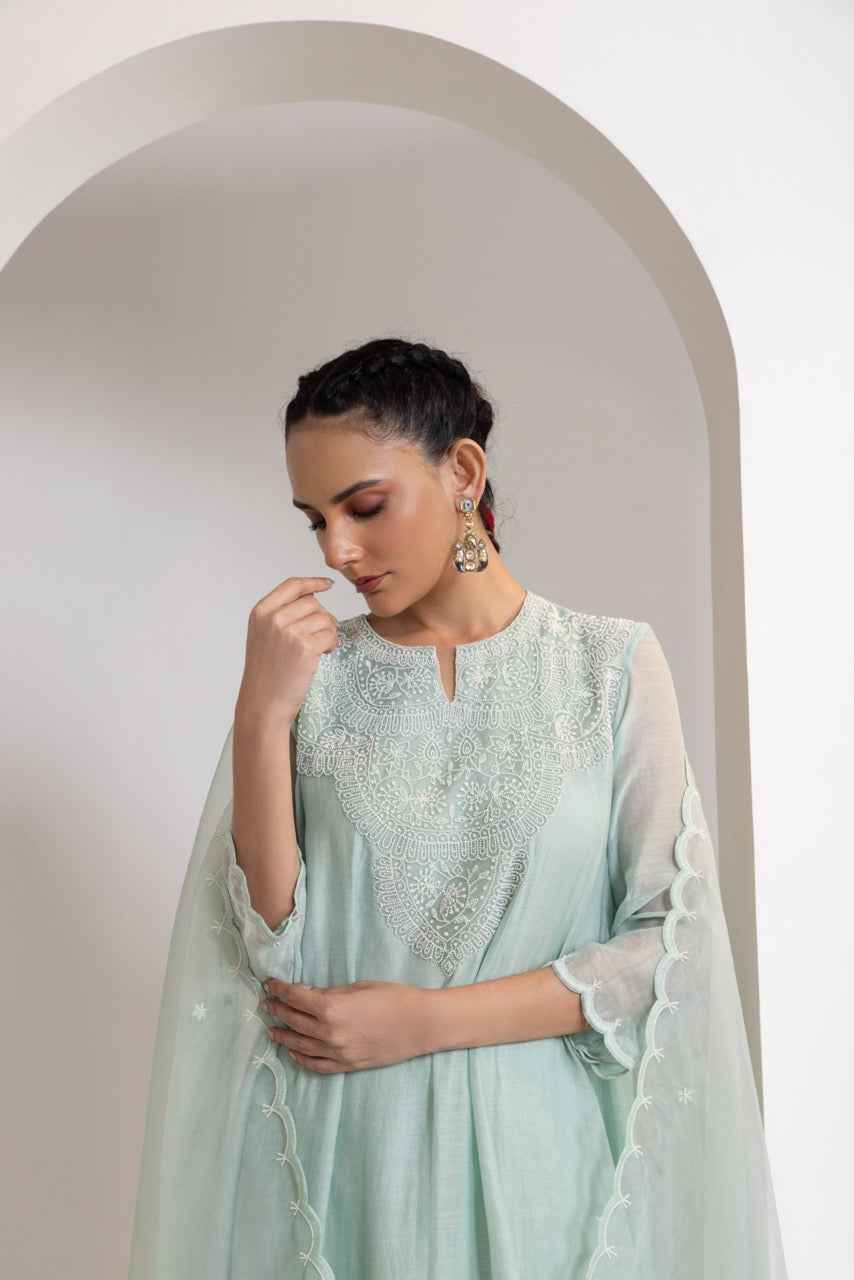 Chanderi Flared Kurta With Very Intricate Pearl Hand Embroidery