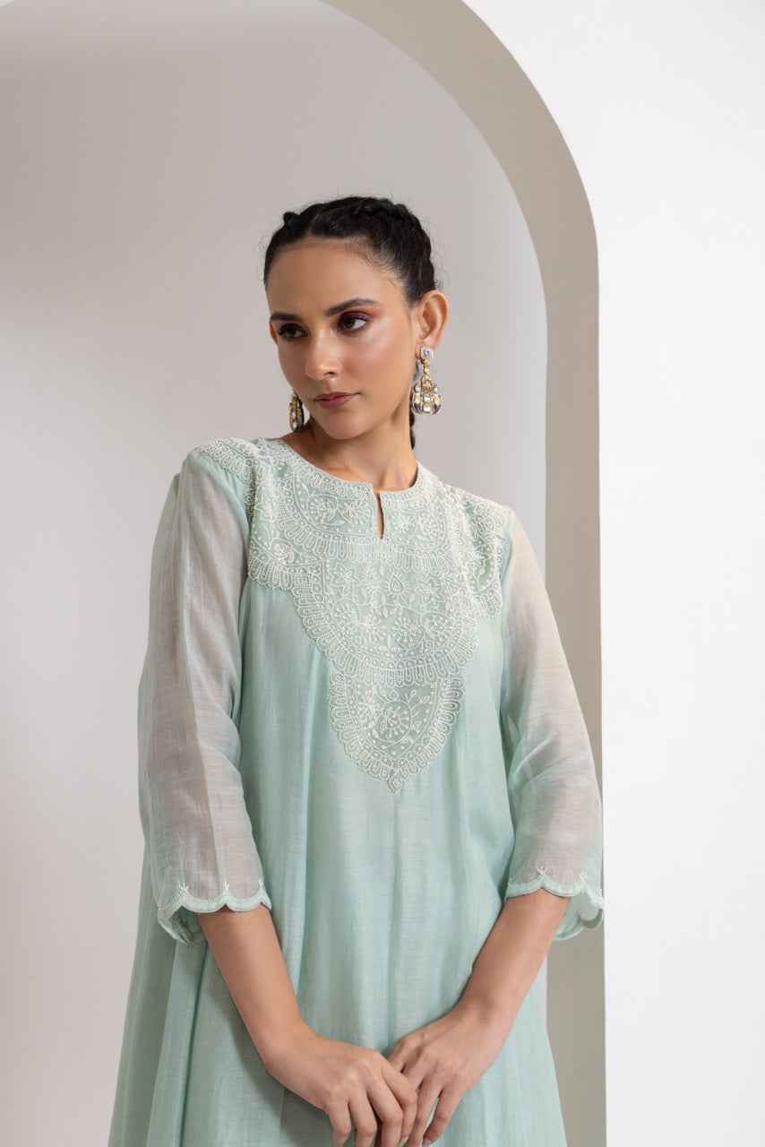 Chanderi Flared Kurta With Very Intricate Pearl Hand Embroidery