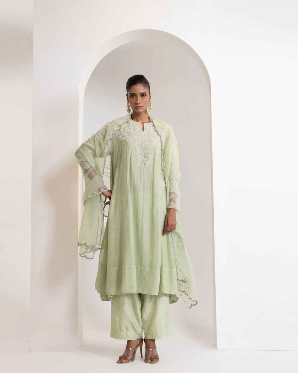 Chanderi Flared Kurta With Very Intricate Pearl Hand Embroidery